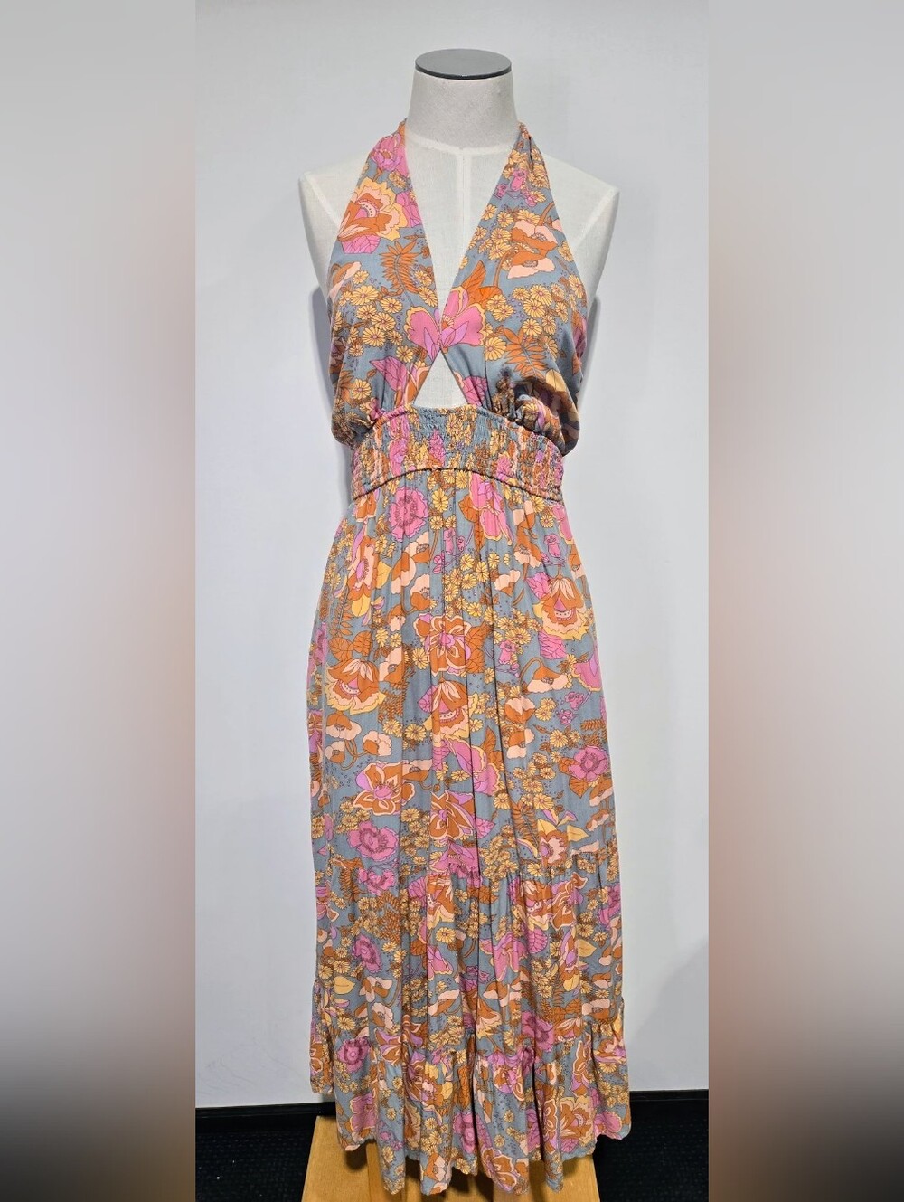 Boho Floral Halter Maxi Dress in Pink and Orange